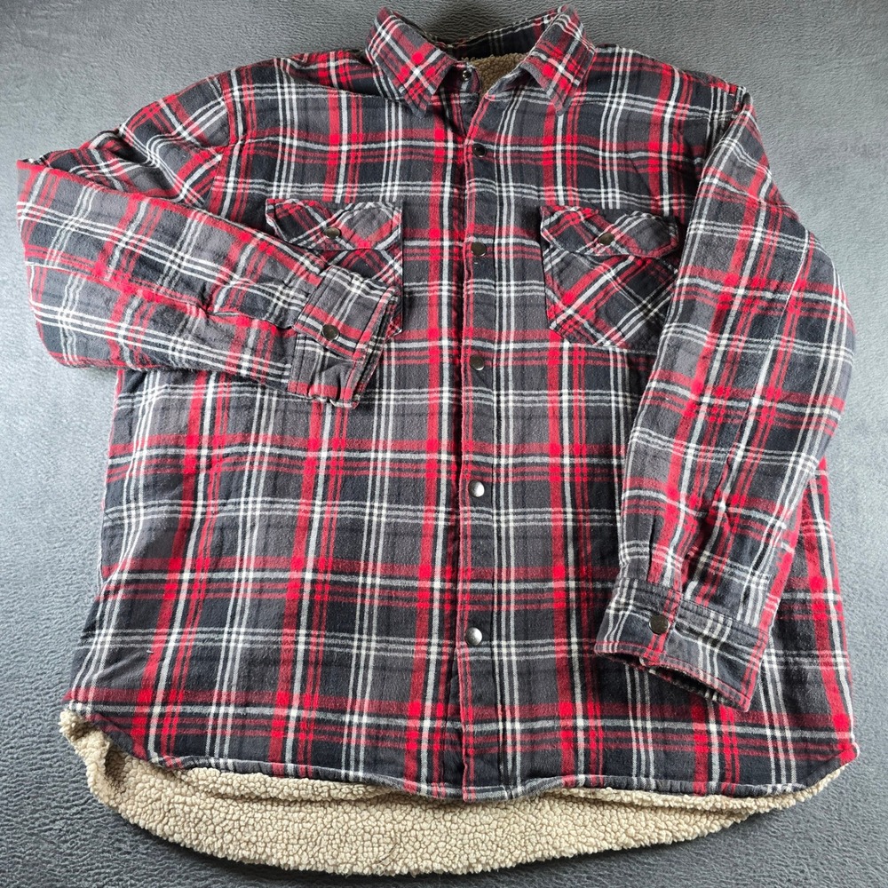 Big Mac Sherpa Lined Flannel Shirt Jacket Mens XL Red Black Plaid Snap Front